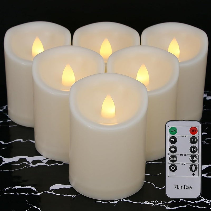 7LinRay Store Battery Operated Flickering Flameless Candles with Remote and Timers, 1000 Hours Waterproof Outdoor Indoor LED Pillar Flameless Candles,Ivory Plastic, D3 X H4, Set of 6 - Image 1